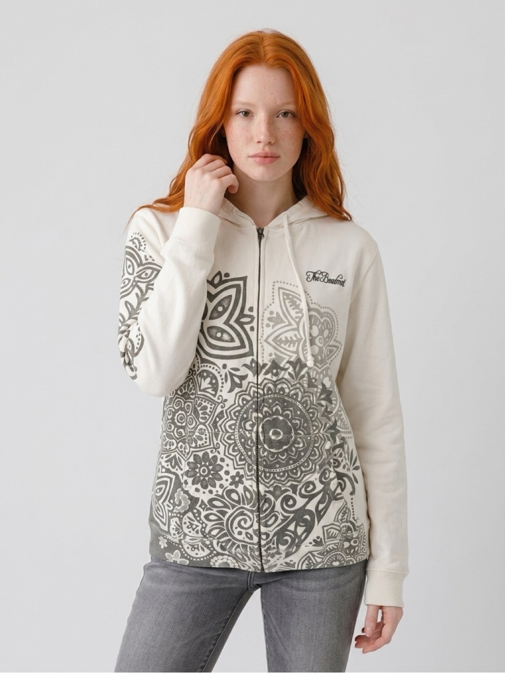 Soho - White Zip‑Up Hoodie – Mandala Floral Print - Stretch Cotton Blend Size XL